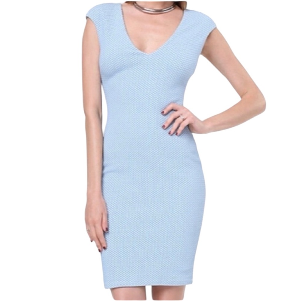 Bebe Janice Jacquard Textured Dress Knit Blue Lined V-Neck Zipper Pencil, Size M